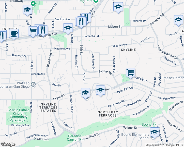 map of restaurants, bars, coffee shops, grocery stores, and more near 348 Sychar Road in San Diego