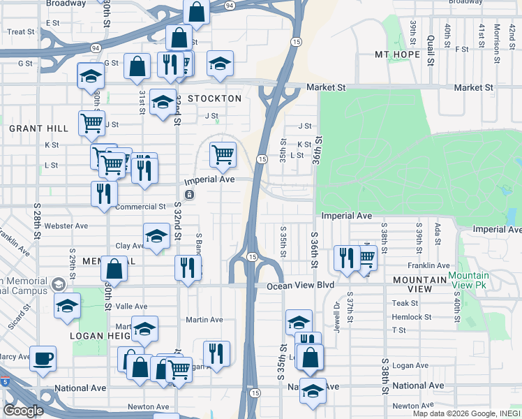 map of restaurants, bars, coffee shops, grocery stores, and more near 3436 Webster Avenue in San Diego