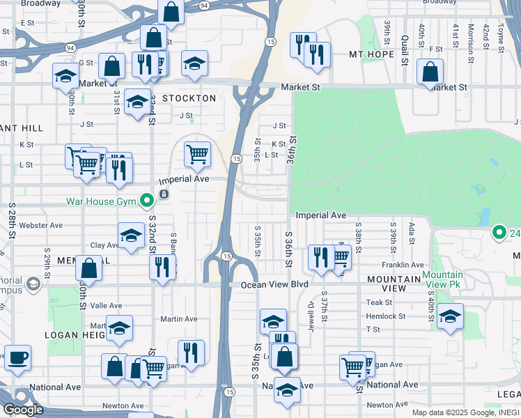 map of restaurants, bars, coffee shops, grocery stores, and more near 33 South 35th Street in San Diego