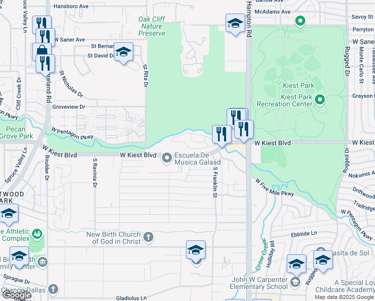 map of restaurants, bars, coffee shops, grocery stores, and more near 3205 Kiestwood Drive in Dallas