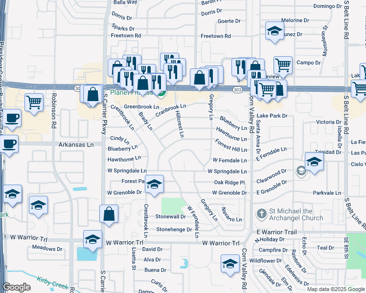map of restaurants, bars, coffee shops, grocery stores, and more near 542 West Ferndale Lane in Grand Prairie