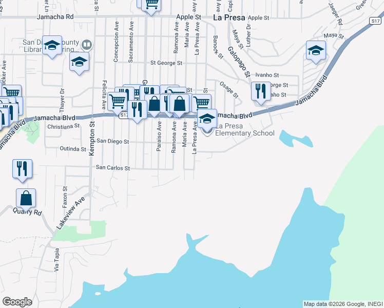 map of restaurants, bars, coffee shops, grocery stores, and more near 444 La Presa Avenue in Spring Valley