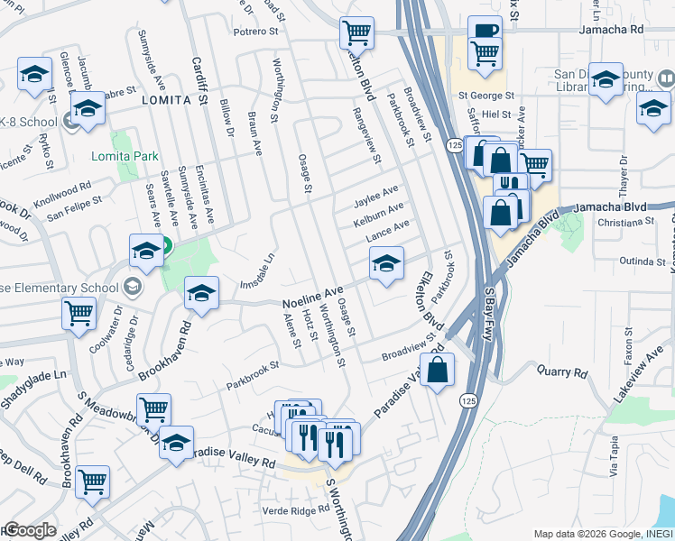 map of restaurants, bars, coffee shops, grocery stores, and more near 605 Osage Street in Spring Valley