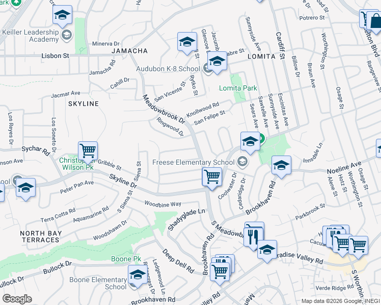 map of restaurants, bars, coffee shops, grocery stores, and more near 7895 Hunthaven Road in San Diego