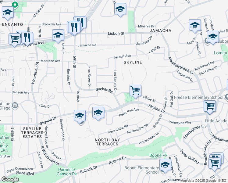 map of restaurants, bars, coffee shops, grocery stores, and more near 159 Sychar Road in San Diego