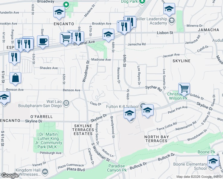 map of restaurants, bars, coffee shops, grocery stores, and more near 6745 Benson Avenue in San Diego