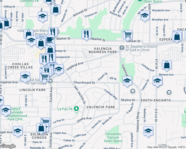 map of restaurants, bars, coffee shops, grocery stores, and more near 5428 Churchward Street in San Diego