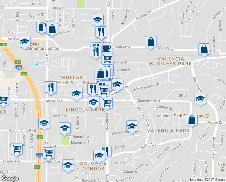 map of restaurants, bars, coffee shops, grocery stores, and more near 5124 Churchward Street in San Diego
