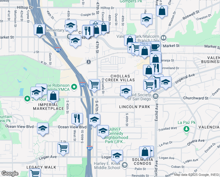 map of restaurants, bars, coffee shops, grocery stores, and more near 4792-94 Imperial Avenue in San Diego