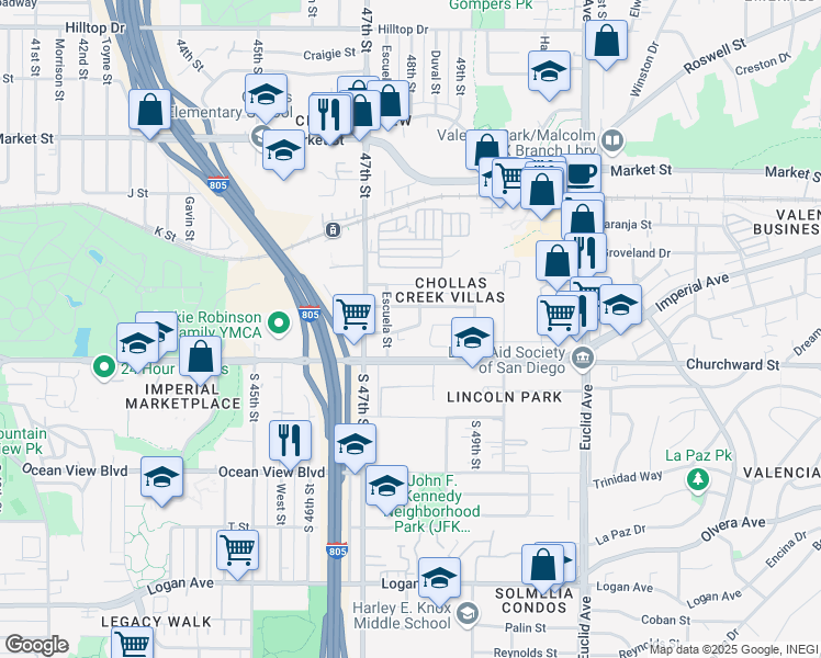 map of restaurants, bars, coffee shops, grocery stores, and more near 4792-94 Imperial Avenue in San Diego
