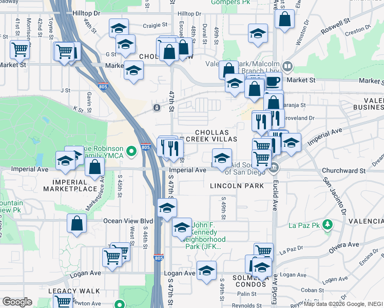 map of restaurants, bars, coffee shops, grocery stores, and more near 4792-94 Imperial Avenue in San Diego