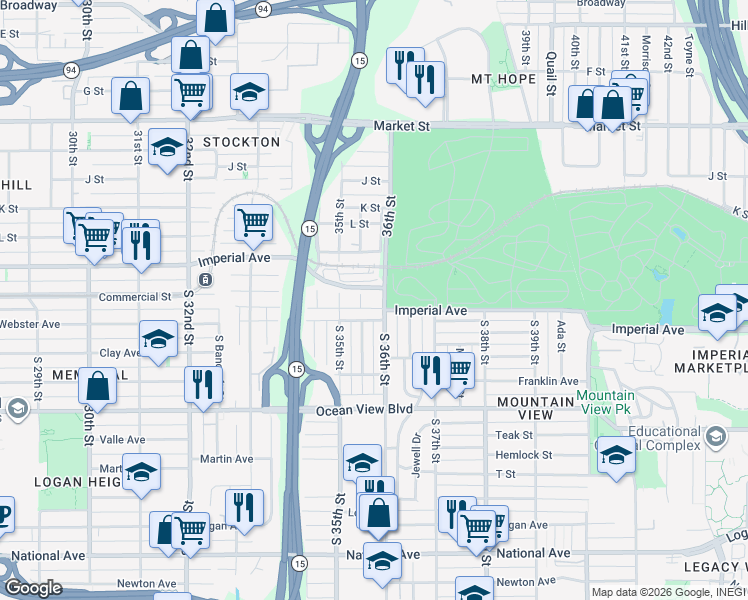 map of restaurants, bars, coffee shops, grocery stores, and more near 212 South 36th Street in San Diego