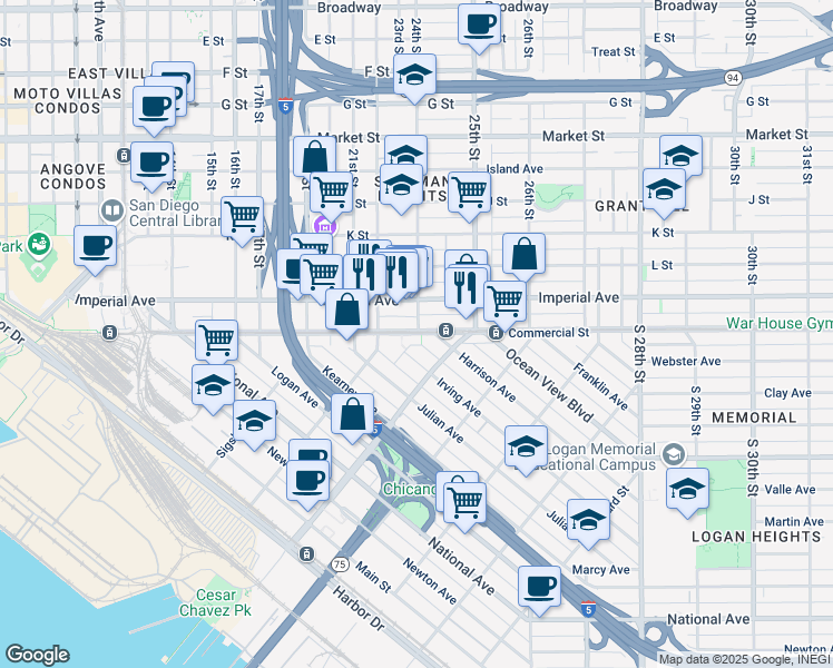map of restaurants, bars, coffee shops, grocery stores, and more near 1862 Irving Avenue in San Diego