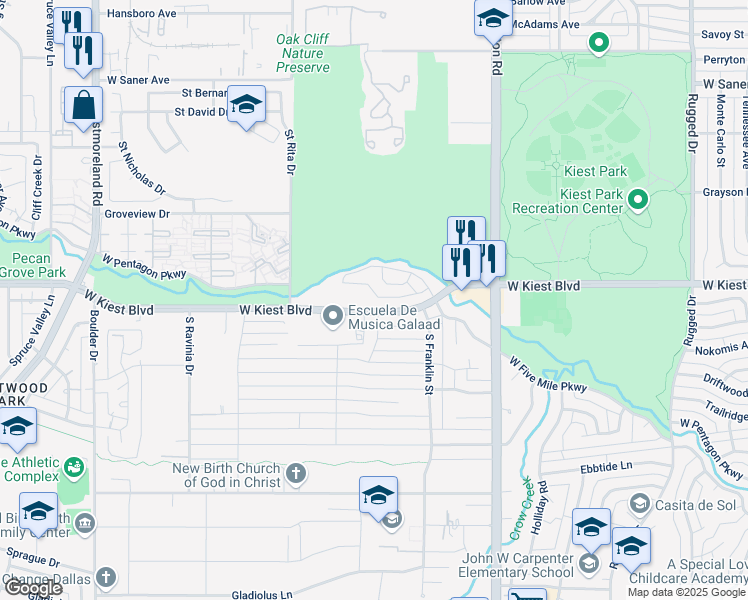 map of restaurants, bars, coffee shops, grocery stores, and more near 3205 Kiestwood Drive in Dallas