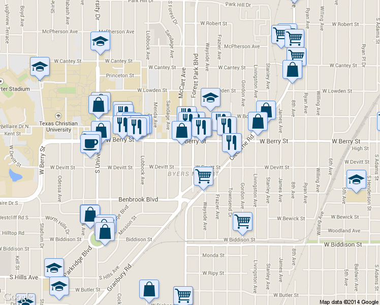 map of restaurants, bars, coffee shops, grocery stores, and more near 3141 McCart Avenue in Fort Worth