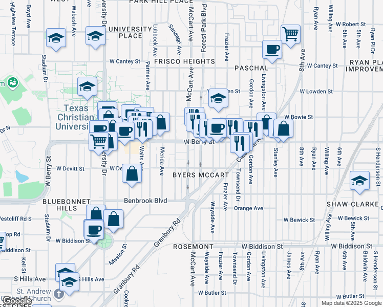 map of restaurants, bars, coffee shops, grocery stores, and more near 3141 McCart Avenue in Fort Worth