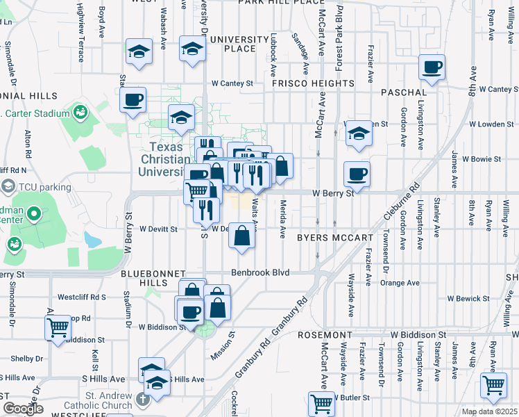 map of restaurants, bars, coffee shops, grocery stores, and more near 3140 Waits Avenue in Fort Worth