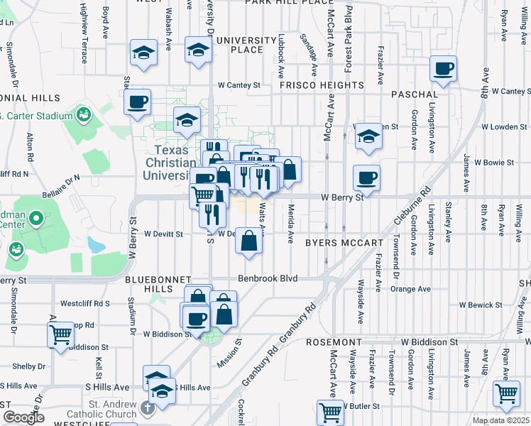 map of restaurants, bars, coffee shops, grocery stores, and more near 3140 Waits Avenue in Fort Worth