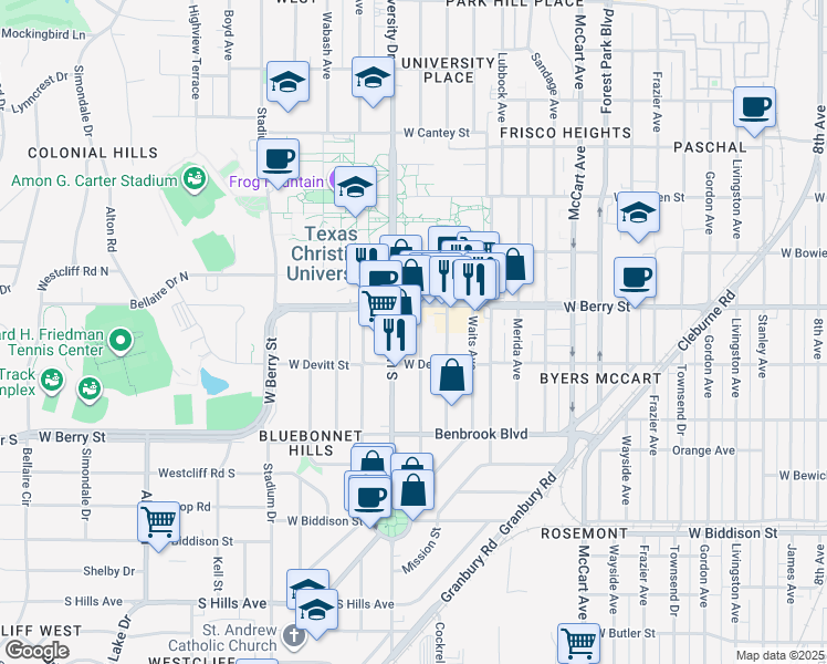 map of restaurants, bars, coffee shops, grocery stores, and more near 3141 Cockrell Avenue in Fort Worth