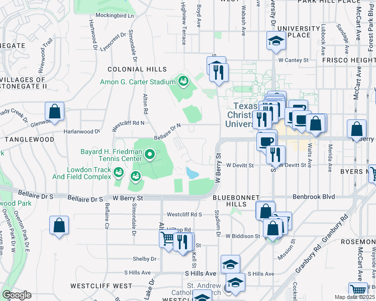 map of restaurants, bars, coffee shops, grocery stores, and more near 3645-3663 West Devitt Street in Fort Worth