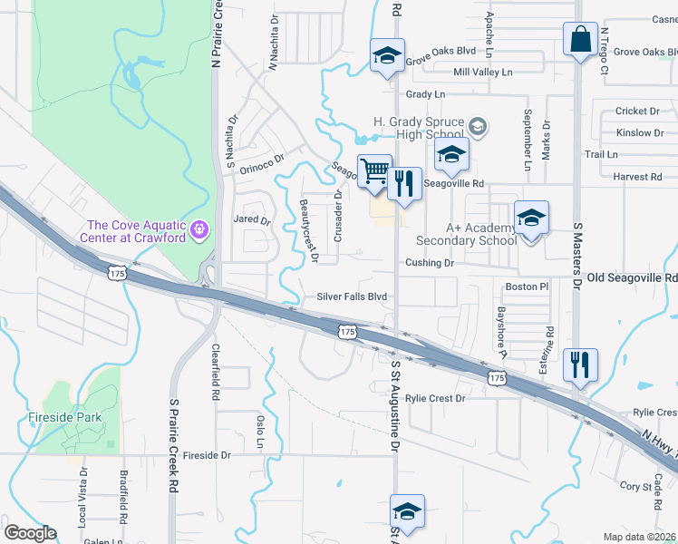 map of restaurants, bars, coffee shops, grocery stores, and more near 9437 Silver Falls Boulevard in Dallas