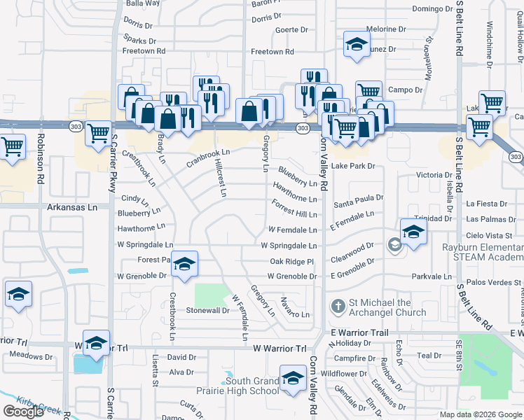 map of restaurants, bars, coffee shops, grocery stores, and more near 2734 Gregory Lane in Grand Prairie