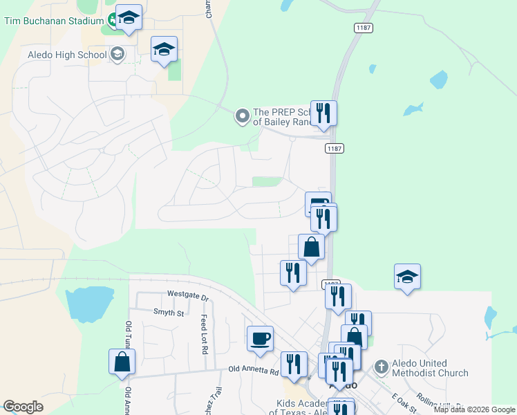 map of restaurants, bars, coffee shops, grocery stores, and more near 315 Bluestem Lane in Aledo