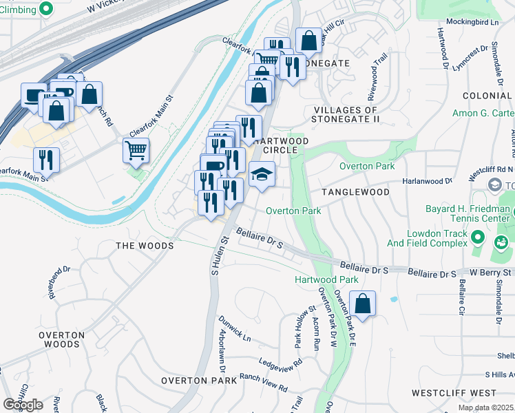 map of restaurants, bars, coffee shops, grocery stores, and more near 4422 Harlanwood Drive in Fort Worth