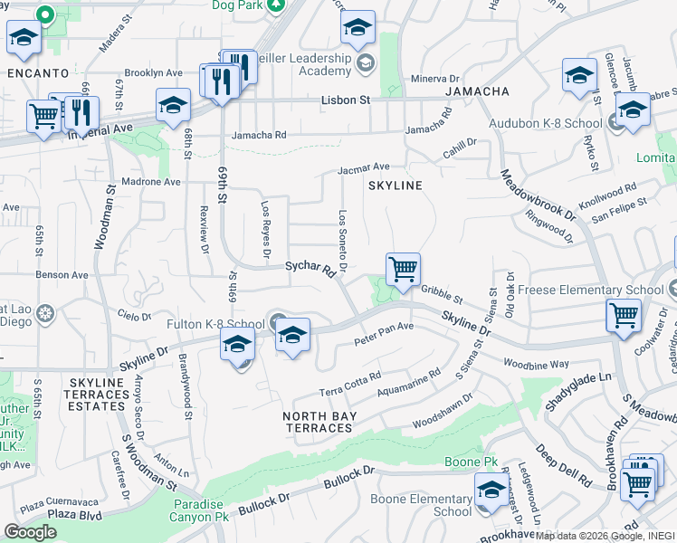 map of restaurants, bars, coffee shops, grocery stores, and more near 159 Sychar Road in San Diego