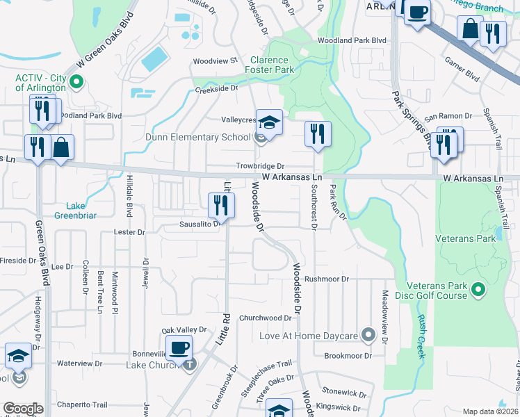 map of restaurants, bars, coffee shops, grocery stores, and more near 4225 Woodhill Bend Drive in Crowley