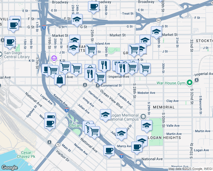map of restaurants, bars, coffee shops, grocery stores, and more near Commercial Street in San Diego