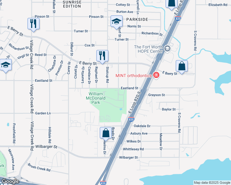 map of restaurants, bars, coffee shops, grocery stores, and more near 5500 Eastland Street in Fort Worth