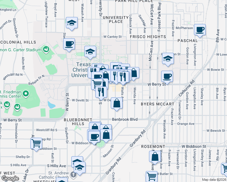 map of restaurants, bars, coffee shops, grocery stores, and more near 3120 Greene Avenue in Fort Worth