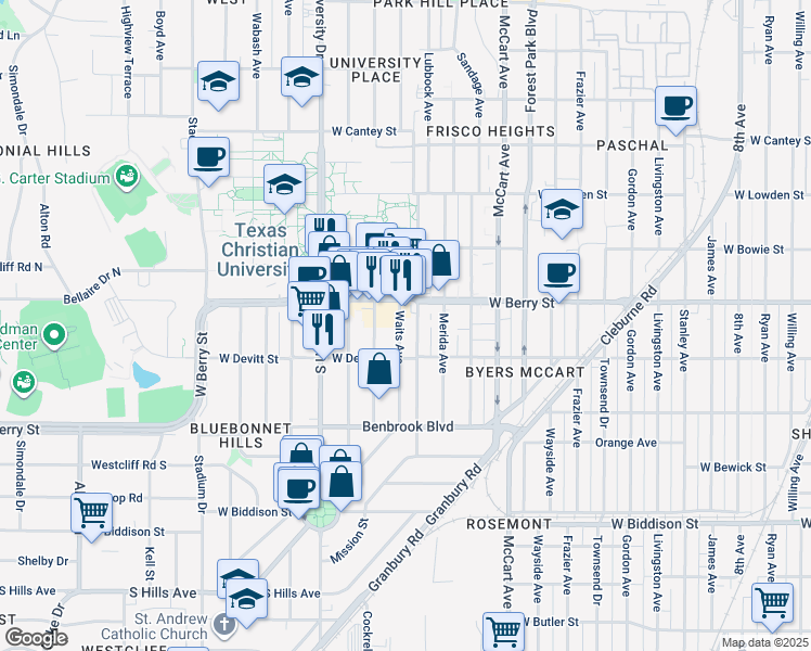 map of restaurants, bars, coffee shops, grocery stores, and more near 3140 Waits Avenue in Fort Worth