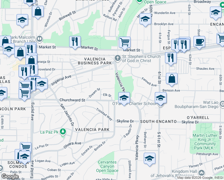 map of restaurants, bars, coffee shops, grocery stores, and more near 5725 Dream Street in San Diego