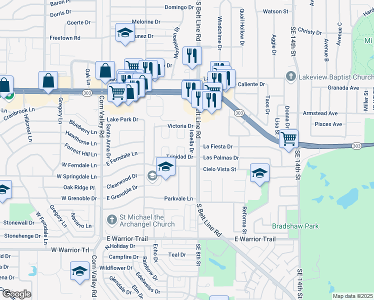 map of restaurants, bars, coffee shops, grocery stores, and more near 2632 Nina Circle in Grand Prairie