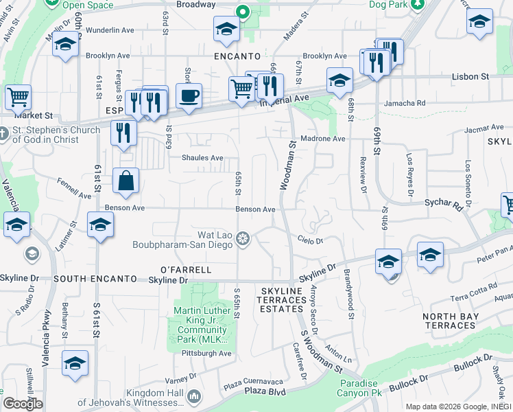 map of restaurants, bars, coffee shops, grocery stores, and more near 201 Treewood Street in San Diego