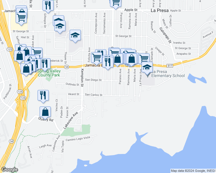 map of restaurants, bars, coffee shops, grocery stores, and more near 444 Grand Avenue in Spring Valley