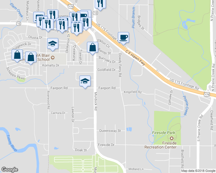 map of restaurants, bars, coffee shops, grocery stores, and more near 8203 Fairport Road in Dallas