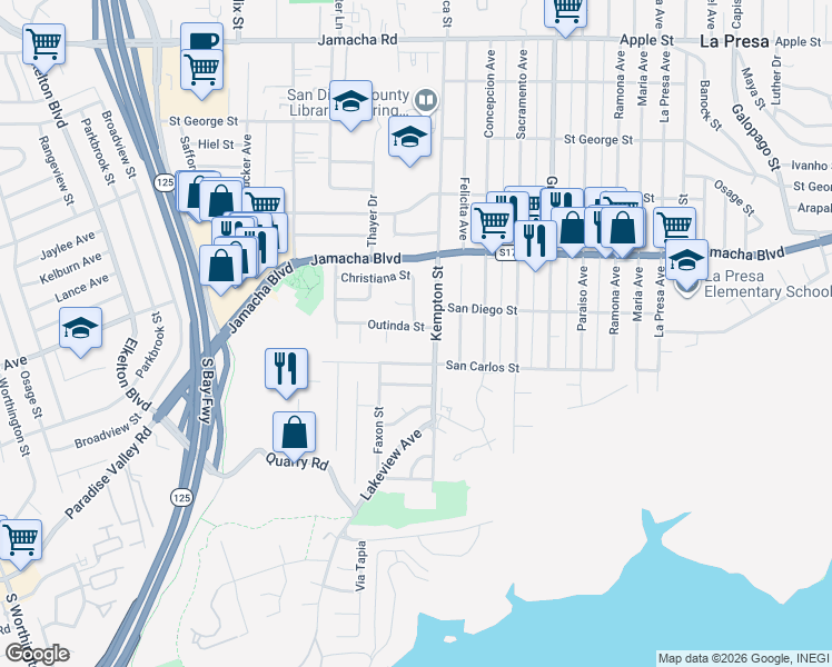 map of restaurants, bars, coffee shops, grocery stores, and more near 9119 Piel Place in Spring Valley