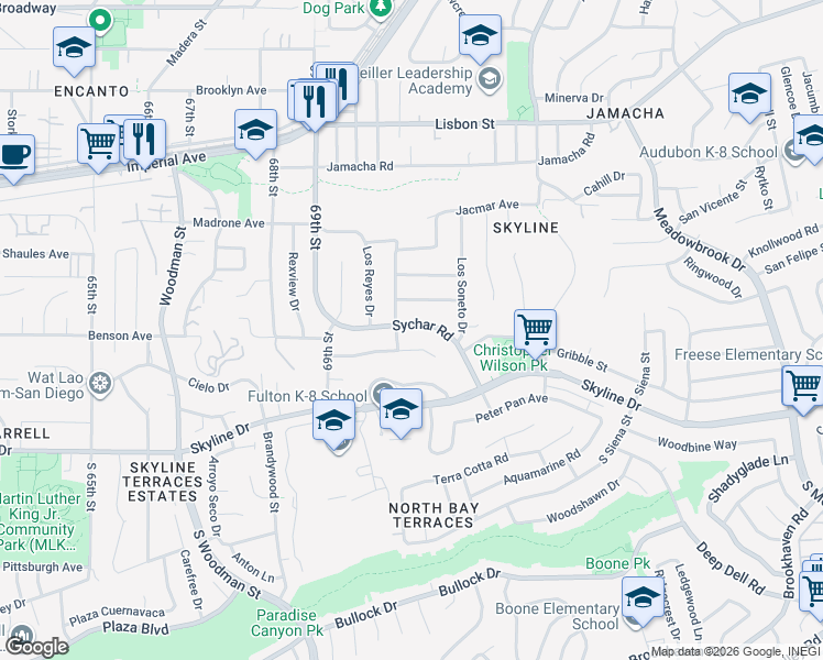 map of restaurants, bars, coffee shops, grocery stores, and more near 7043 Springford Avenue in San Diego