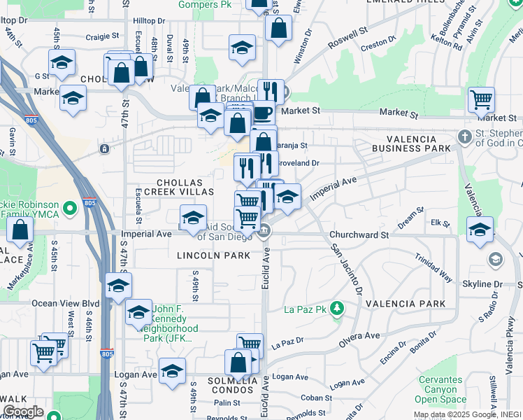 map of restaurants, bars, coffee shops, grocery stores, and more near 220 Euclid Avenue in San Diego