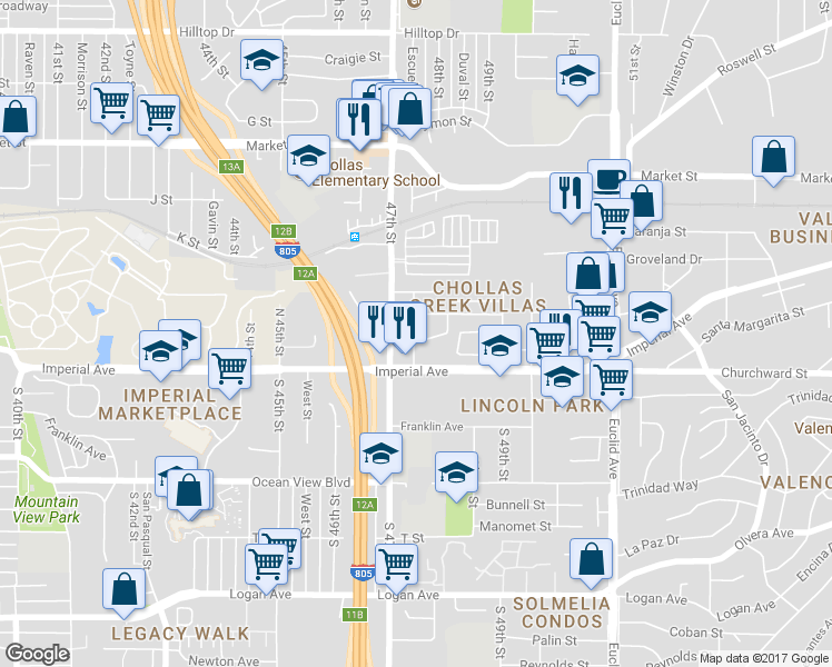 map of restaurants, bars, coffee shops, grocery stores, and more near in San Diego