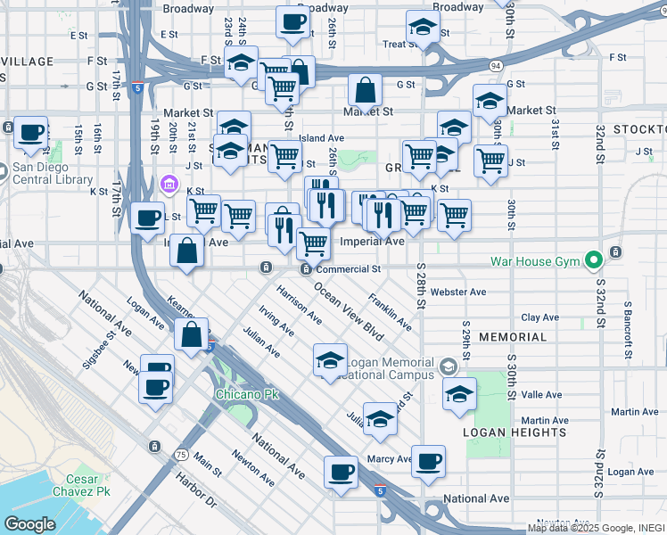 map of restaurants, bars, coffee shops, grocery stores, and more near 27 26th Street in San Diego