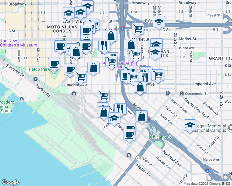map of restaurants, bars, coffee shops, grocery stores, and more near 43 17th Street in San Diego