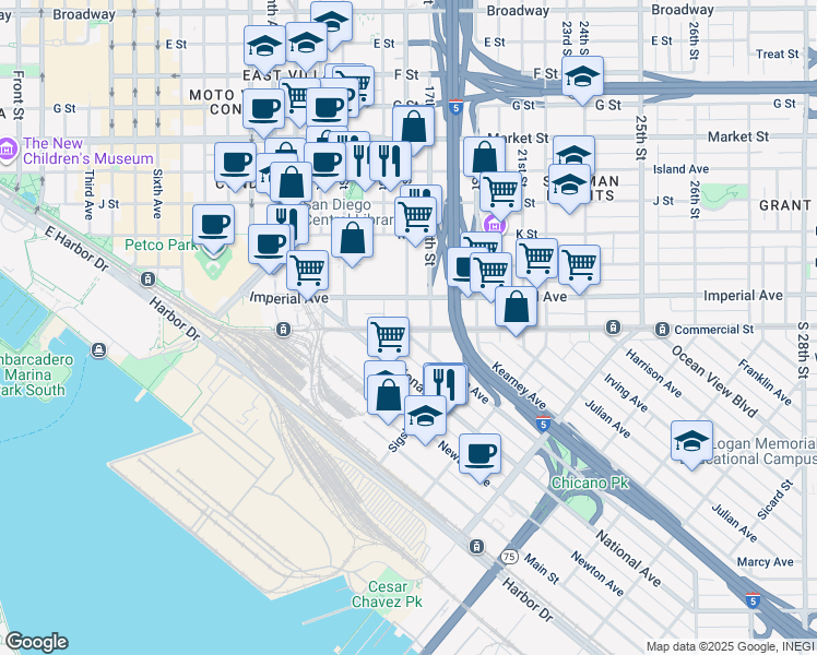 map of restaurants, bars, coffee shops, grocery stores, and more near 1501 Imperial Avenue in San Diego