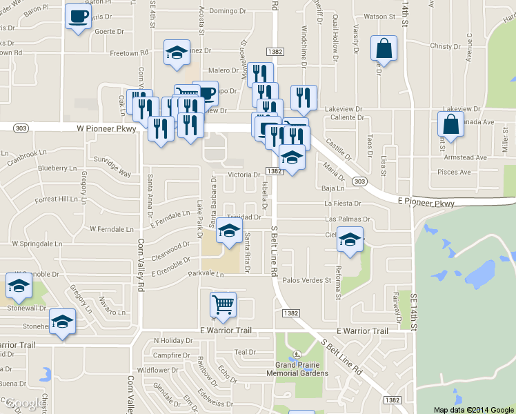 map of restaurants, bars, coffee shops, grocery stores, and more near 2632 Nina Circle in Grand Prairie