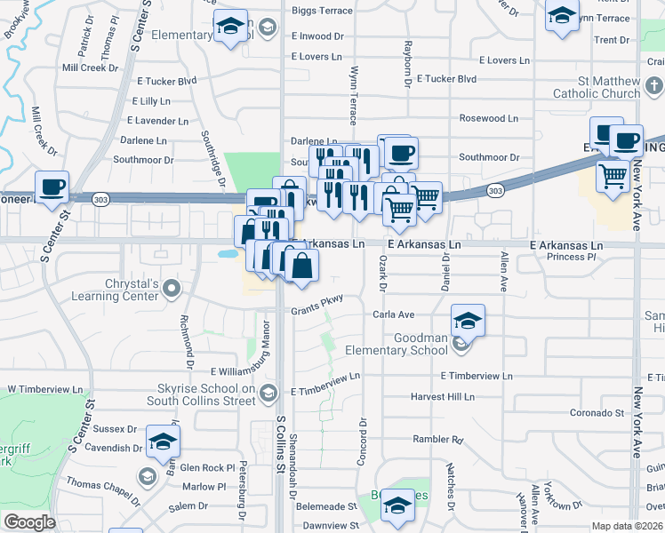 map of restaurants, bars, coffee shops, grocery stores, and more near 1010 East Arkansas Lane in Arlington