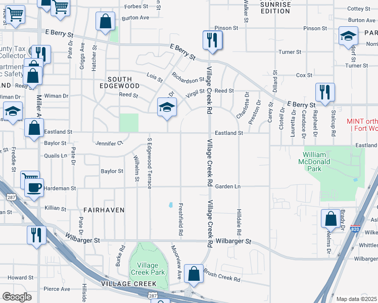 map of restaurants, bars, coffee shops, grocery stores, and more near 4924 Eastland Street in Fort Worth