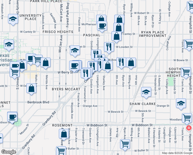map of restaurants, bars, coffee shops, grocery stores, and more near 1814 West Berry Street in Fort Worth